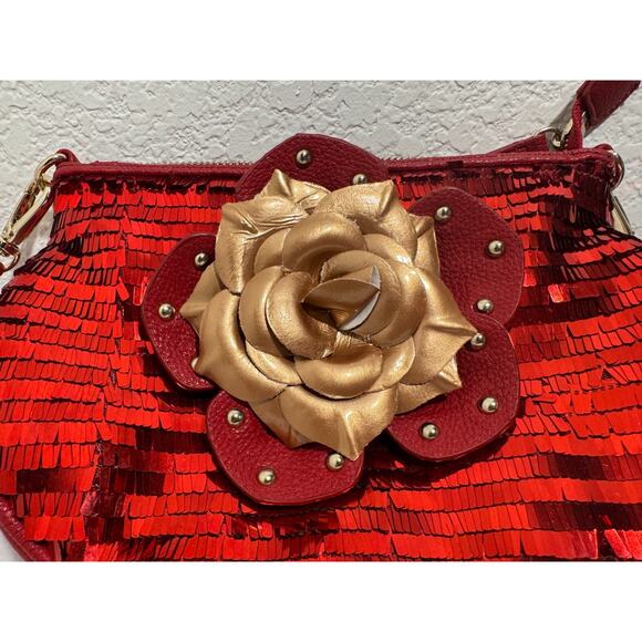 Sharif Red Purse Handbag Sequins Rose Top Chain Handle Cross Body Shoulder Strap - Picture 13 of 14